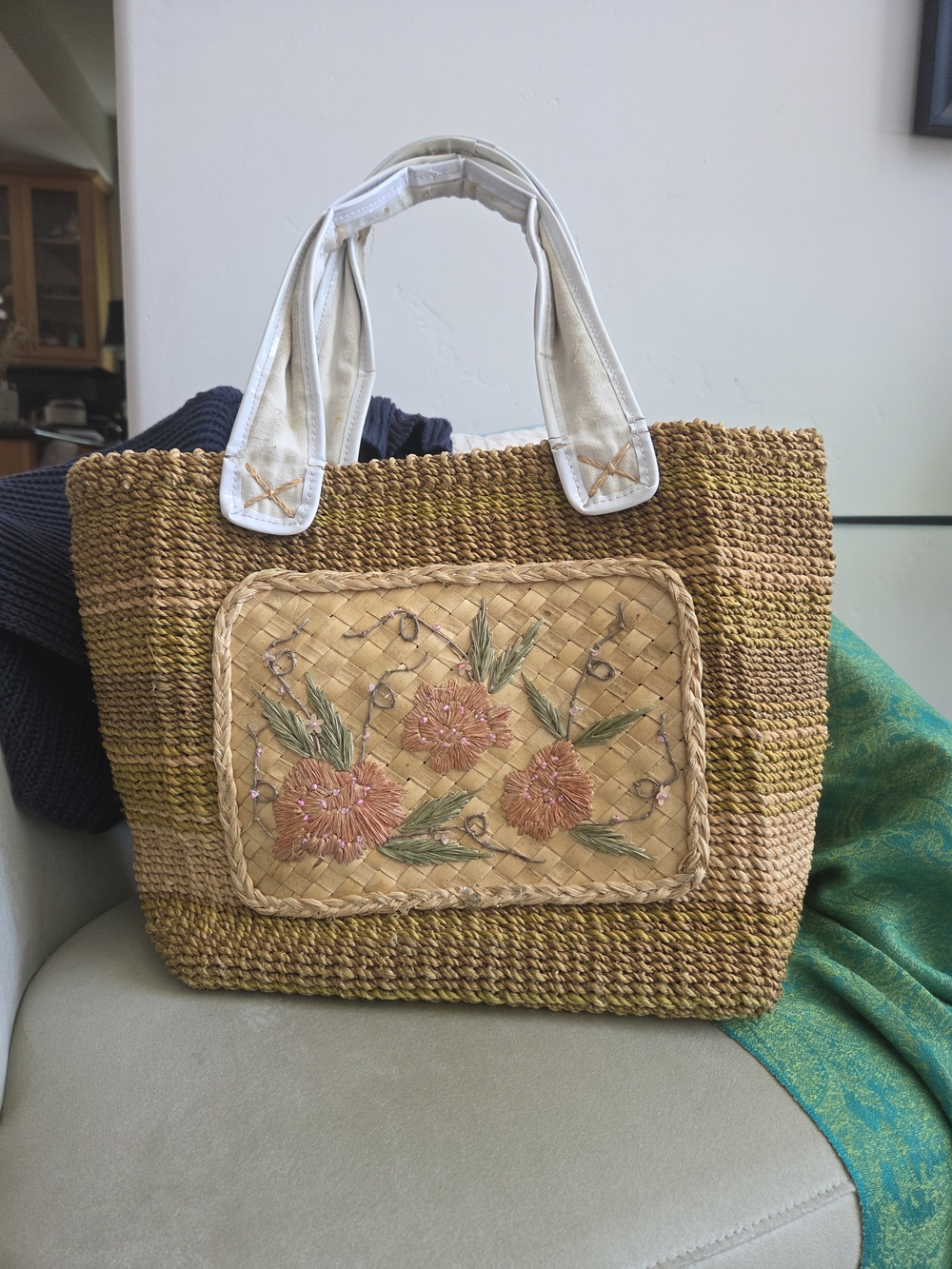 Handwoven Straw Tote with Pink Floral Embroidery and White Handles